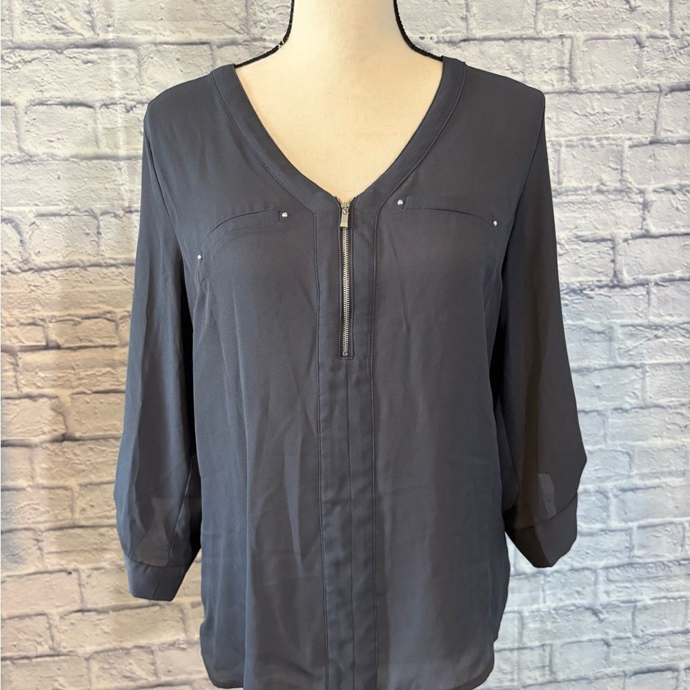 Fortune + Ivy - Chic Dark Slate Blue Women's Blouse with Zipper